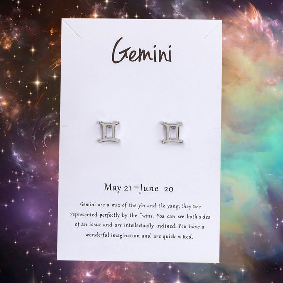 GEMINI Zodiac Silvertone Stud Earrings on Card NEW! 1124x2 - Picture 1 of 3
